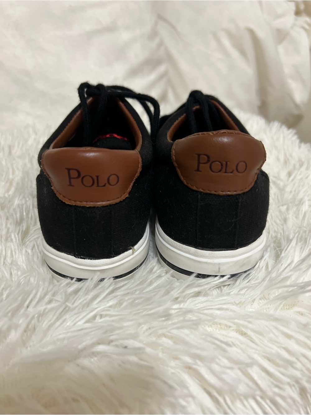 Polo by Ralph Lauren Black Canvas Sneakers Brown Collar Red Logo Very Clean! - Picture 2 of 8